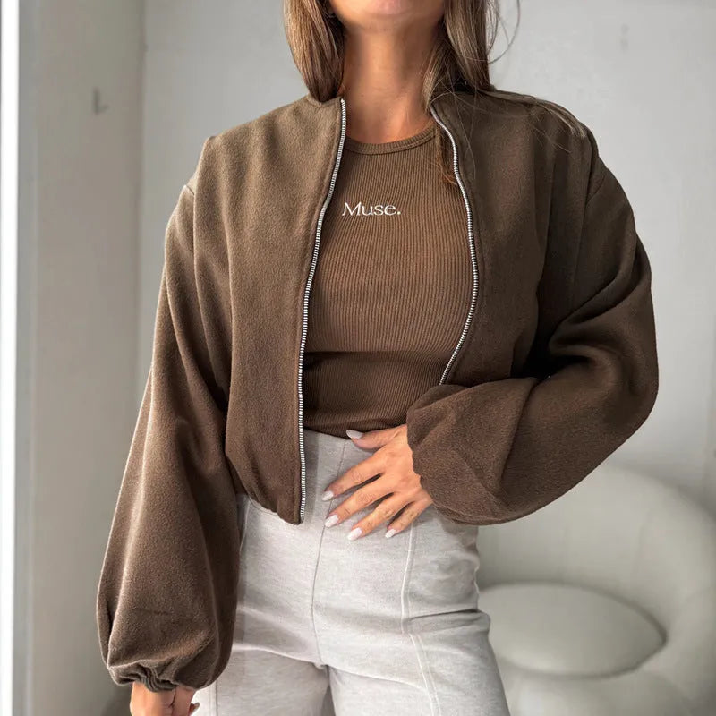 Women's off-shoulder short coat with lantern sleeves in brown colour