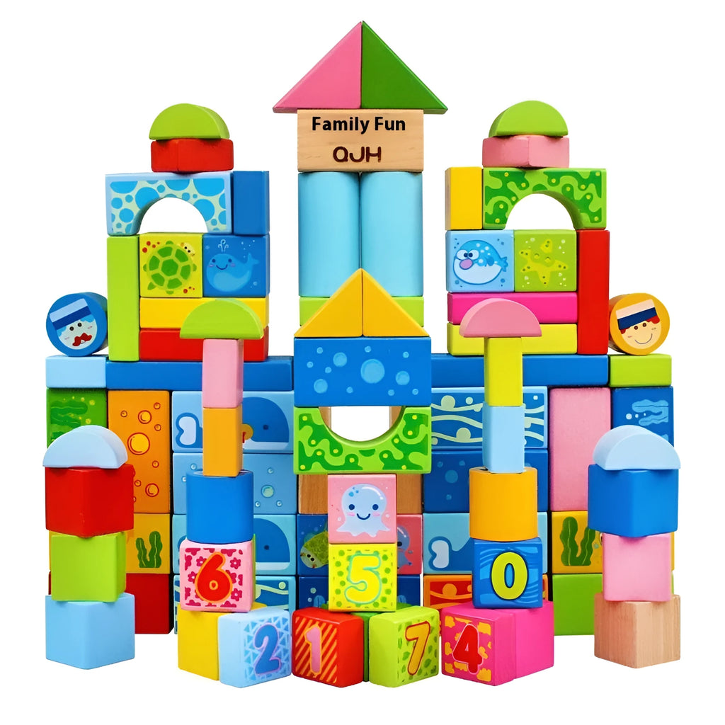 Ocean 100 puzzle blocks made of beech and maple wood in a paper tube with marine life designs