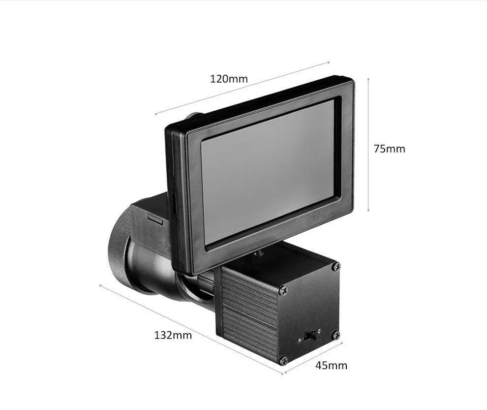 Black digital night vision monocular with 4x magnification and 25mm lens on a 4.3-inch screen.
