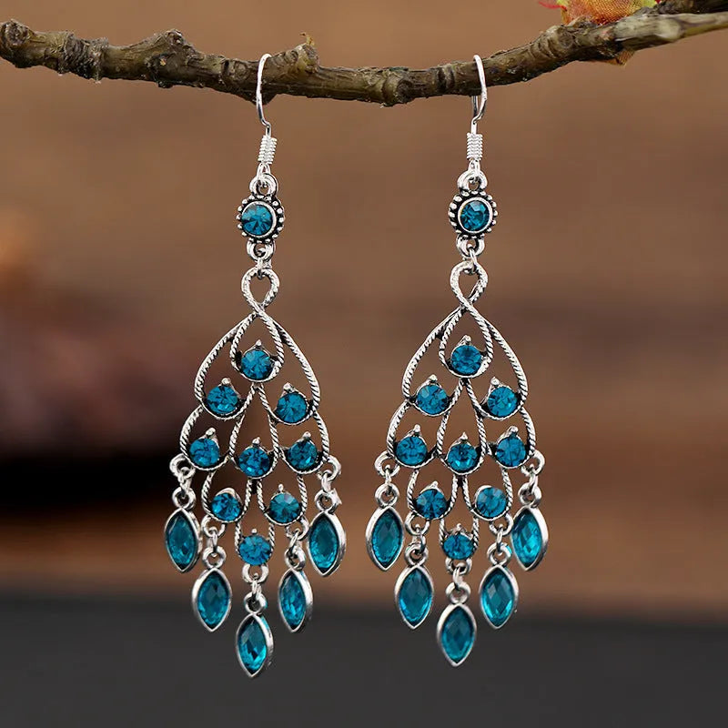 Purple long drop fringe earrings with crystals, ethnic retro style alloy jewellery.