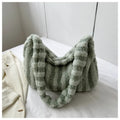 Large striped plush tote bag for women in black, green, orange, purple, or white, portable shoulder handbag.