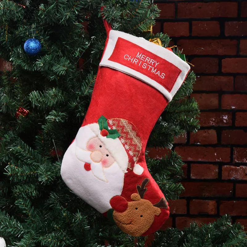 American folk style Christmas candy bag with elk, snowman, and elderly man designs, made from non-woven fabric.