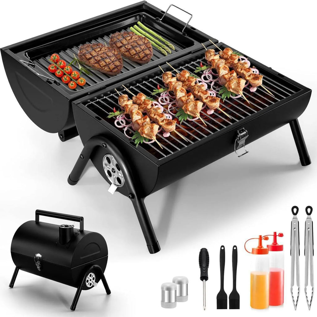 Small folding desktop charcoal barbecue smoking device with grill rack