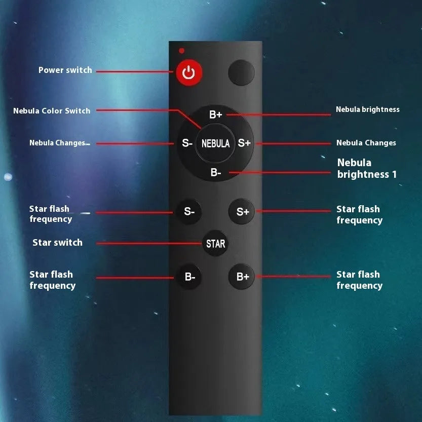Tall white space capsule galaxy projection lamp with USB cable and remote control on a table.