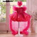 Rose red butterfly sequined long sleeve princess dress for girls, available in sizes 80cm to 160cm with trailing skirt option