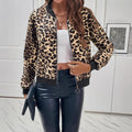 Women's leopard print polyester jacket with long sleeves, medium thickness
