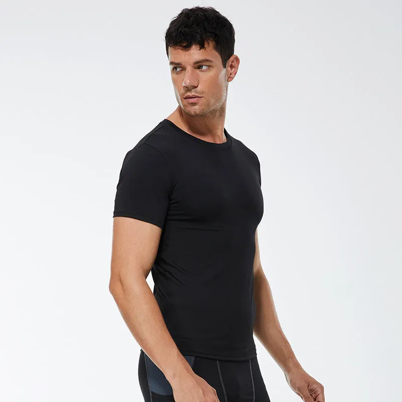 Men's solid colour short-sleeved fitness training t-shirt on a white background.