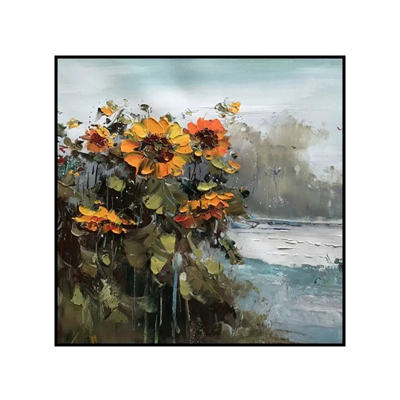 Hand-painted abstract countryside oil painting of rural landscape with sunflowers on square canvas for living room wall decor