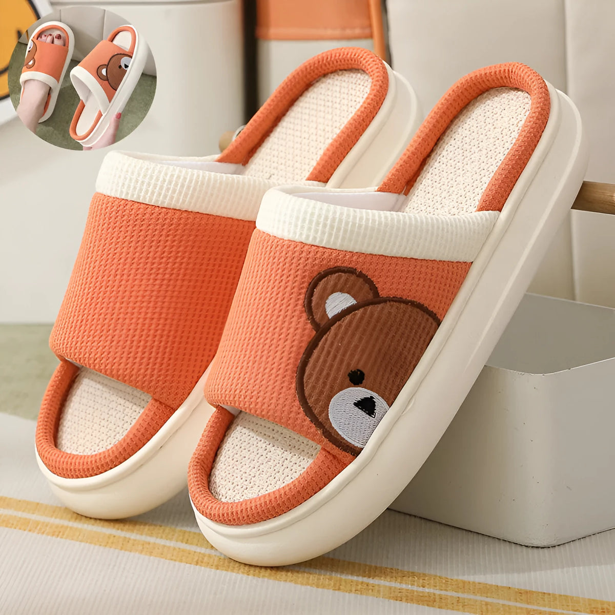 Cartoon bear cotton linen indoor slippers with PVC non-slip sole, shown in orange, pink, silver grey, and light brown