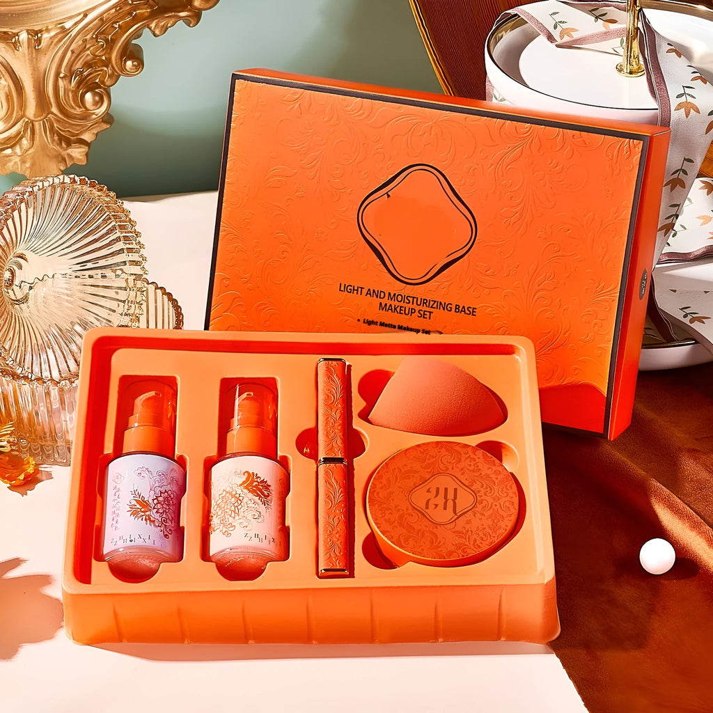 Five piece light fog makeup set with isolating milk, liquid foundation, small tube lipstick and loose powder in ivory and natural