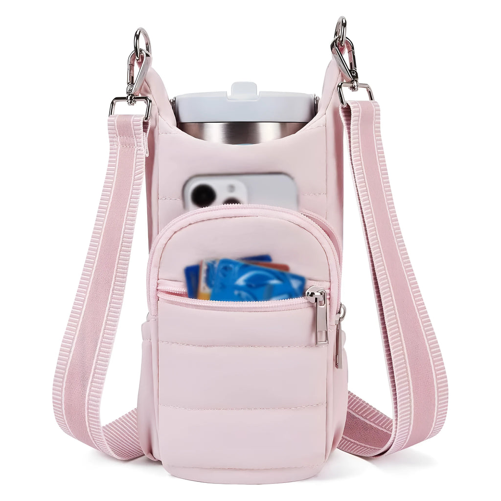 Cloth bicycle water bottle bag in black, pink or beige colour mounted on bike frame