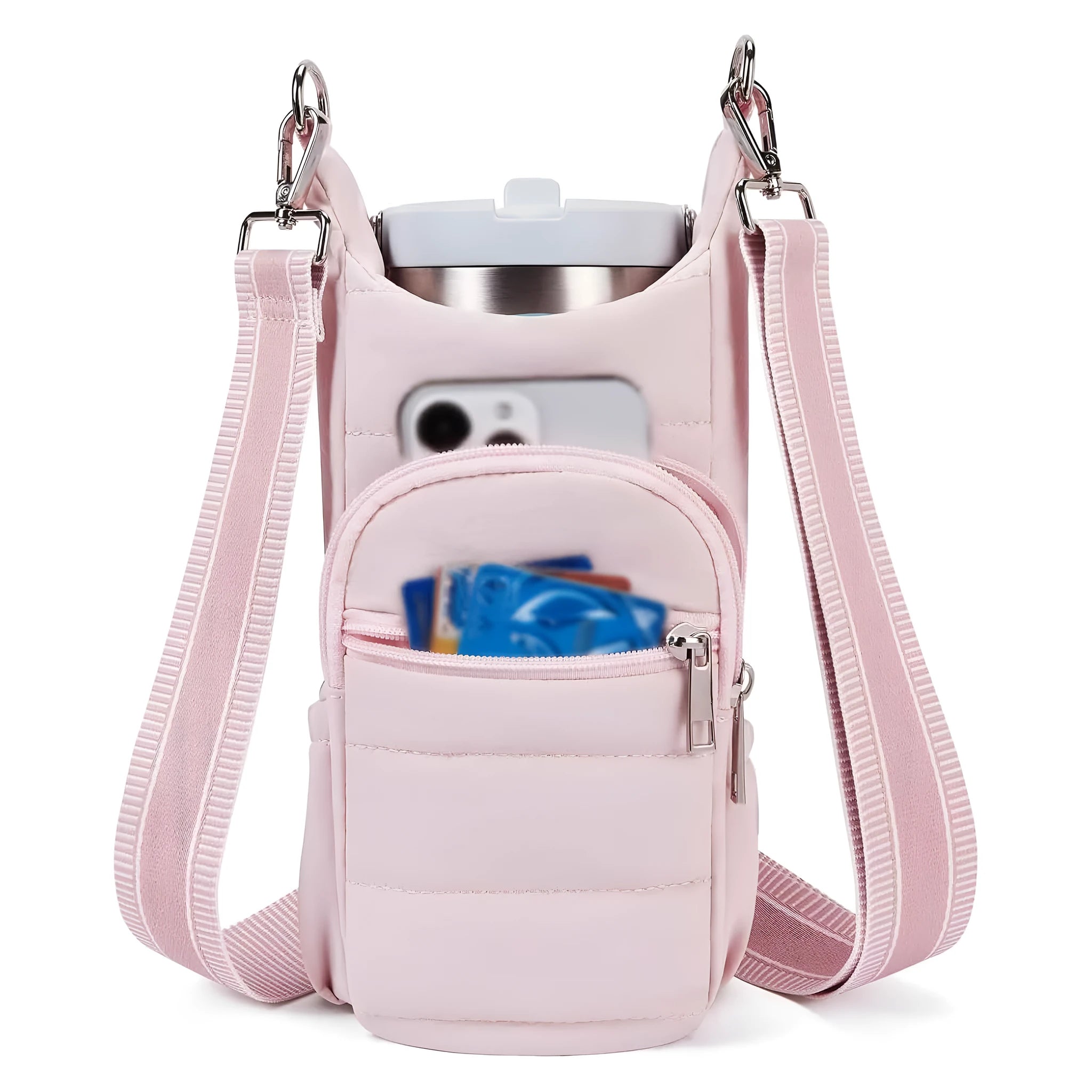 Cloth bicycle water bottle bag in black, pink or beige colour mounted on bike frame