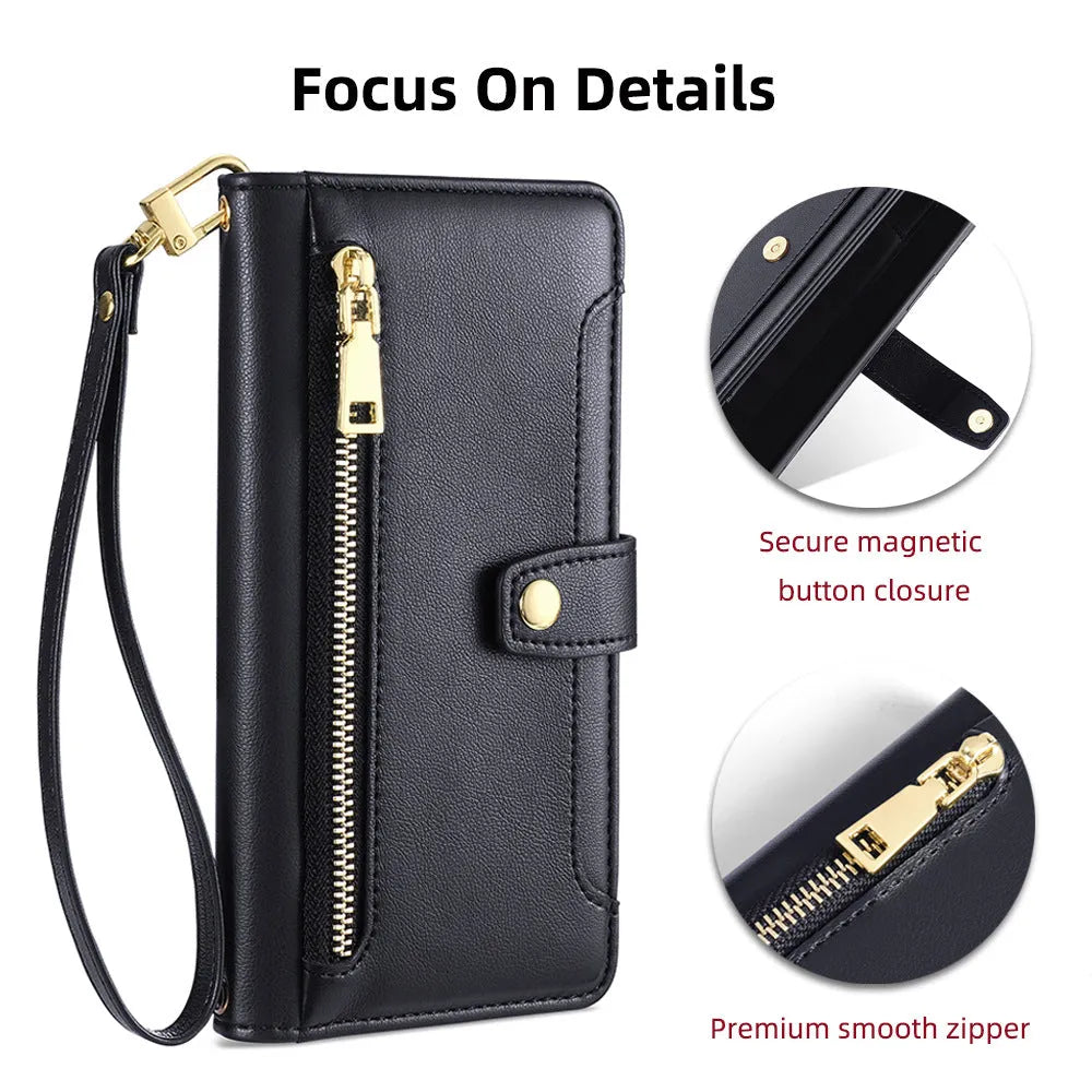 Samsung flip phone case in Black with card slot, kickstand, and magnetic closure for Galaxy S23 Ultra