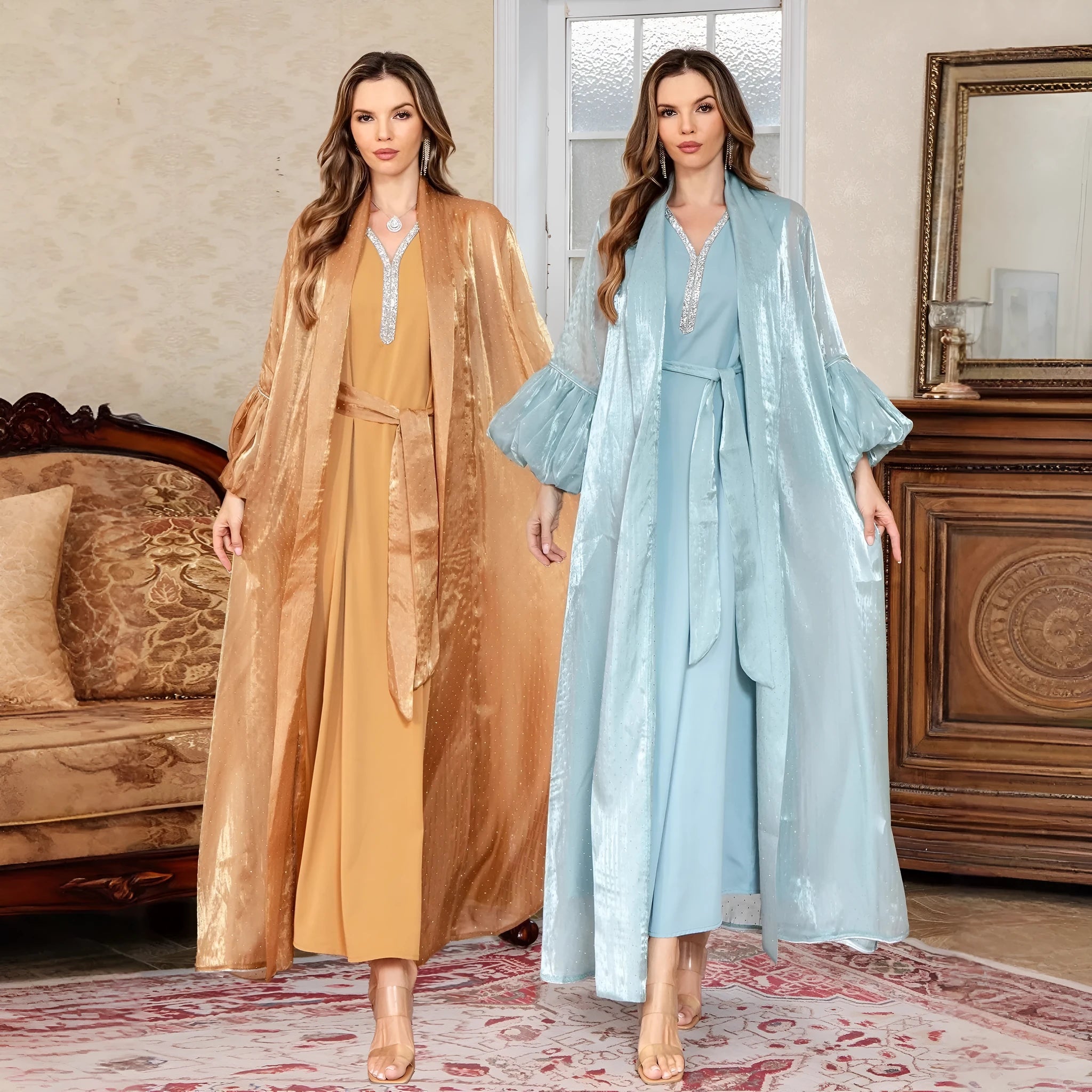 Dubai-inspired two-piece Arabic evening dress in blue with rhinestone detailing and long sleeves