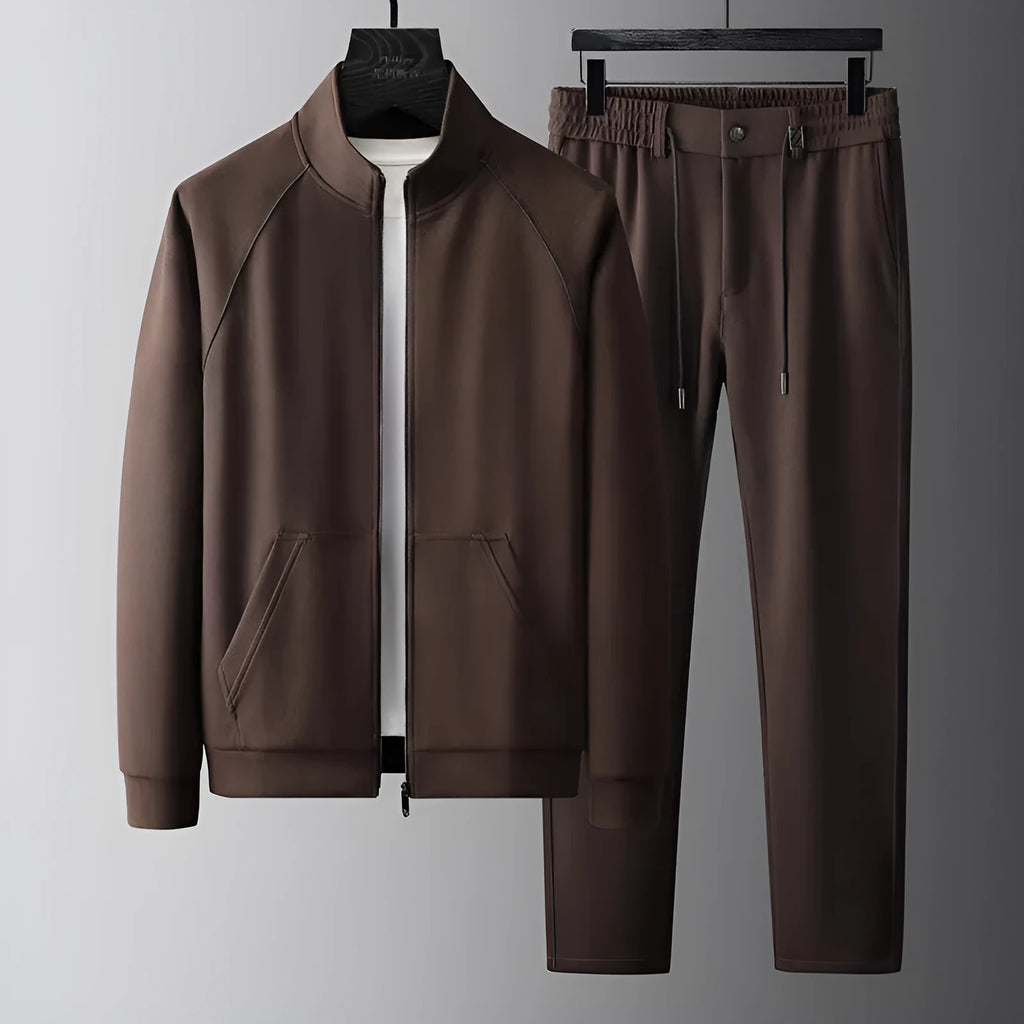 Men's slim fit stand collar sports suit set in polyvinyl alcohol fibre, shown in coffee or black colour.
