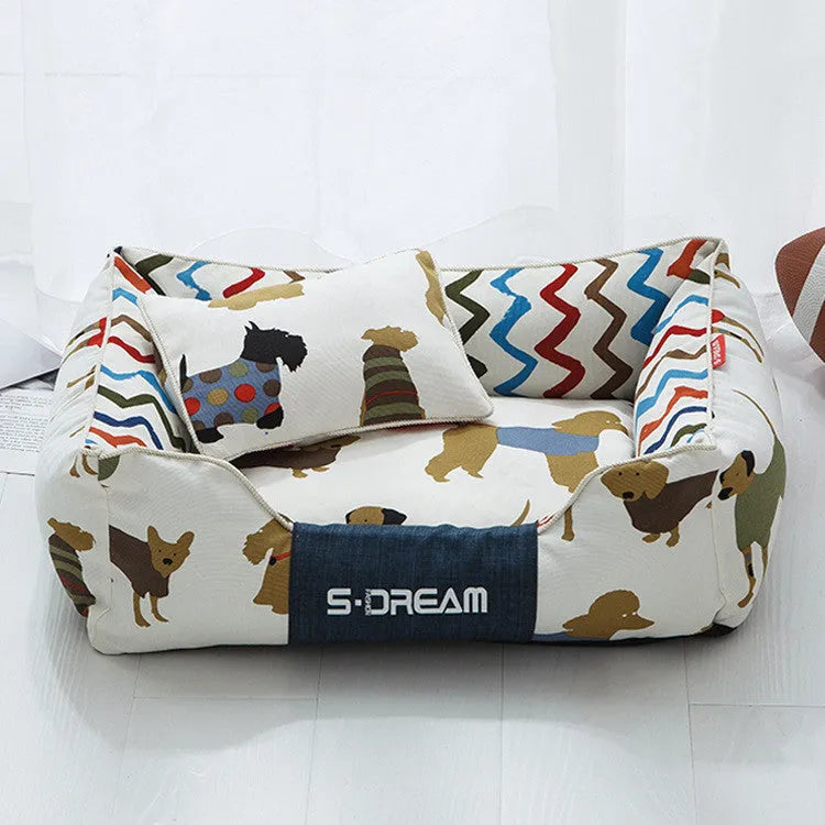 Removable washable dog cat bed pet house in Mi Puppy brown with small pillow, Oxford cloth canvas, size L