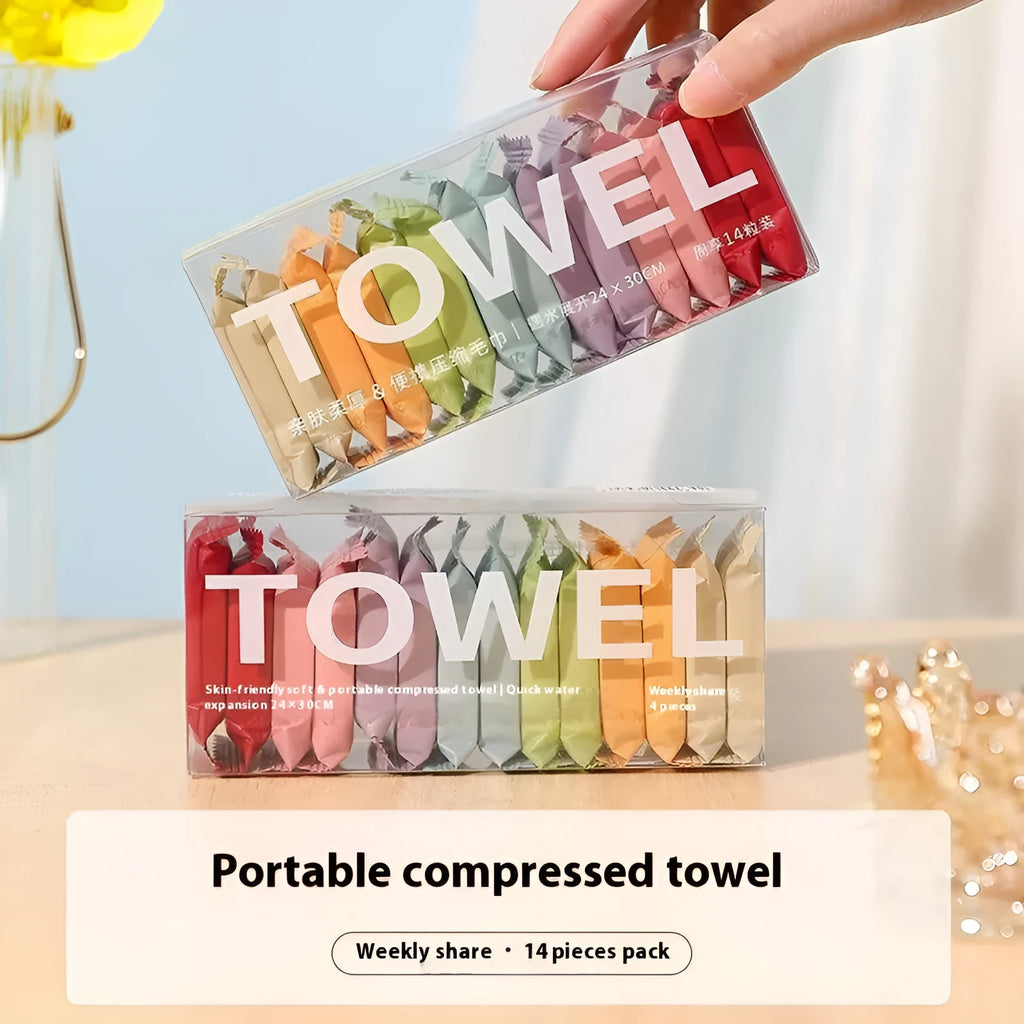 Boxed pack of 14 compressed resin face cloth towels for travel makeup removal, 75g weight