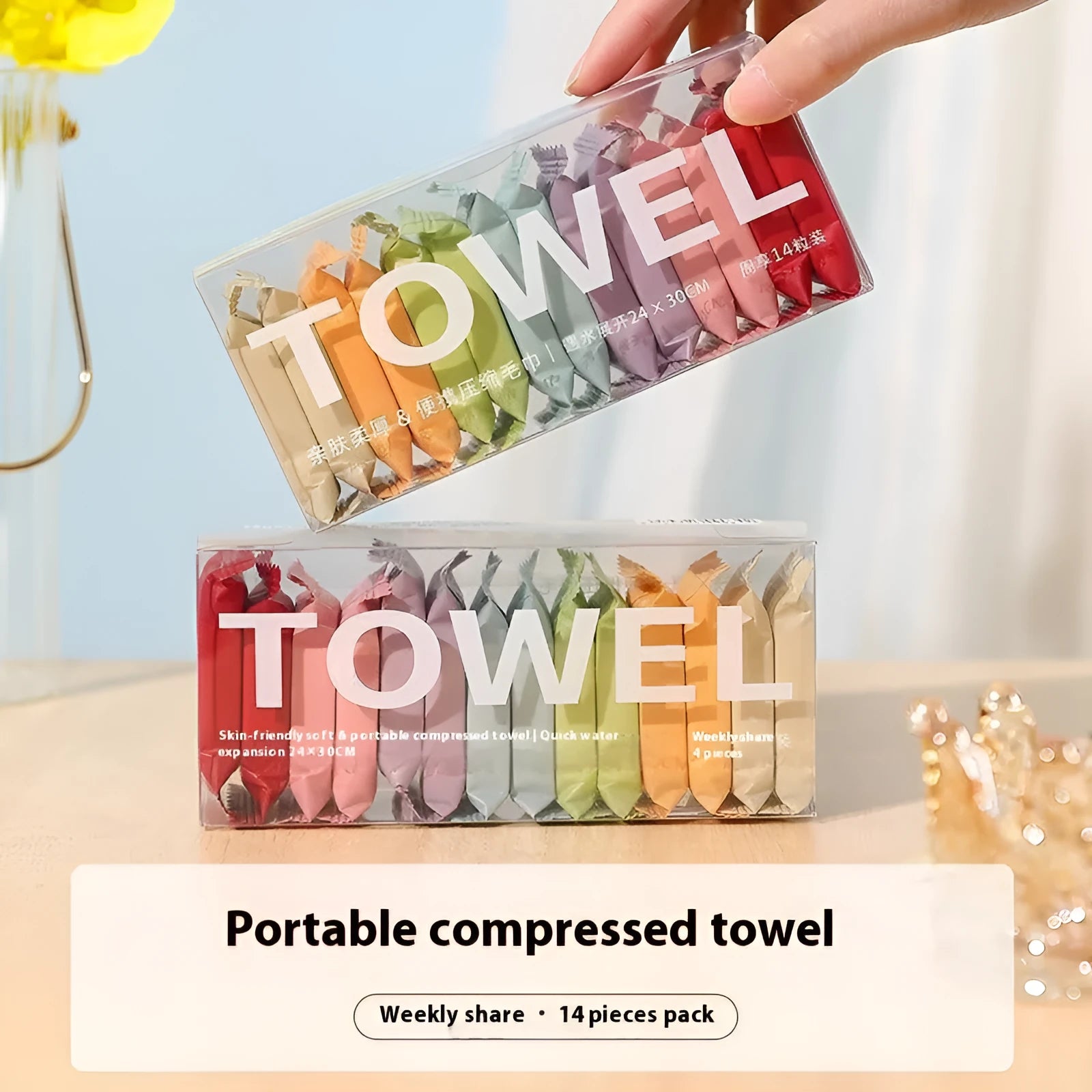 Boxed pack of 14 compressed resin face cloth towels for travel makeup removal, 75g weight