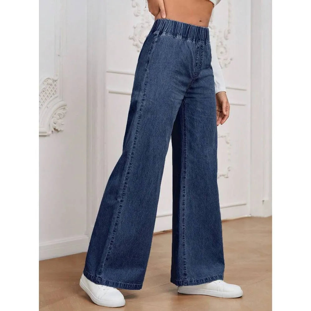 Light blue washed wide-leg women's denim jeans with straight fit and mid-rise waist
