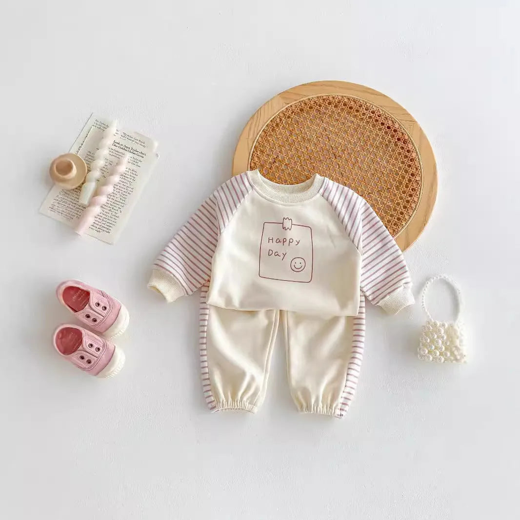 Children's cotton striped sweatshirt and sweatpants two-piece set in light beige, long sleeve pullover style