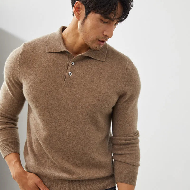 Men's loose fit cashmere pullover sweater with a polo collar in sapphire blue colour.