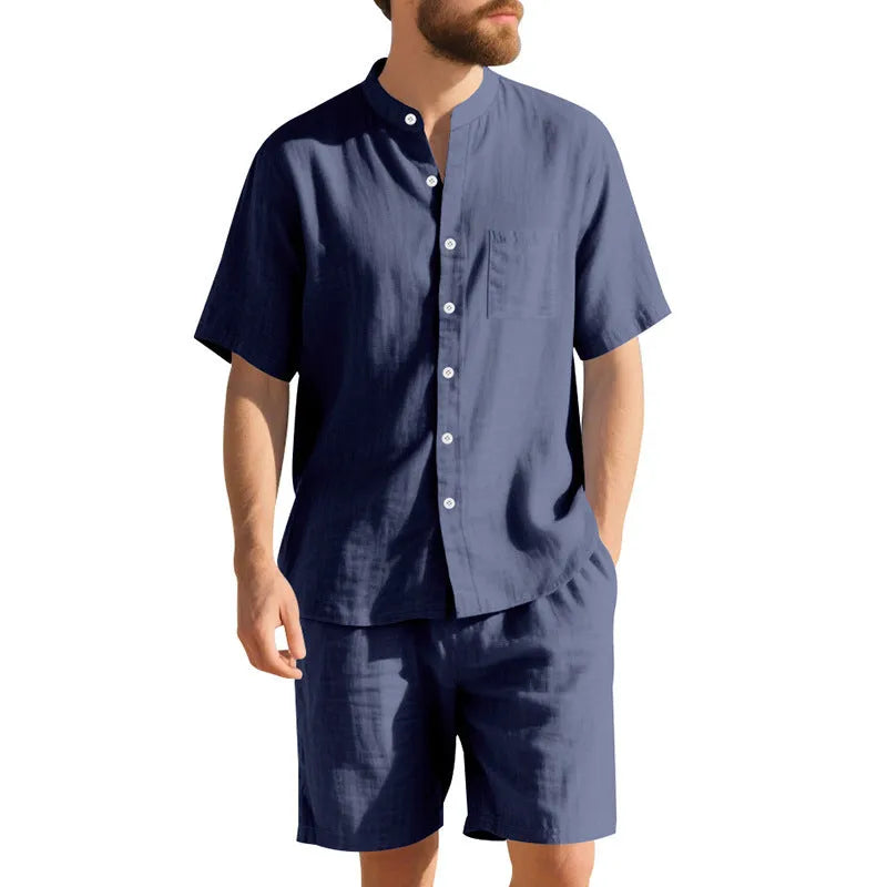 Men's light blue linen blend Henry collar shirt jacket and matching shorts summer suit set