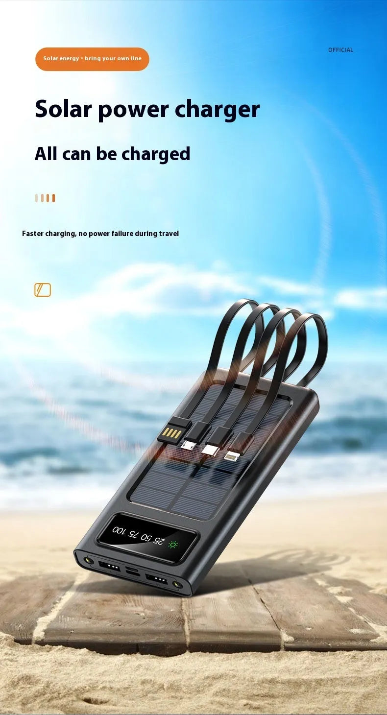 Black and white solar power bank with built-in cable showing 20000mAh capacity and dimensions.