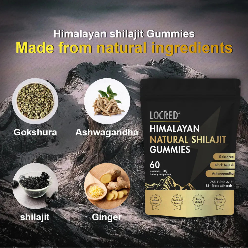 Pouch of 60 natural berry flavored shilajit gummies with fulvic acid, trace minerals, and ashwagandha