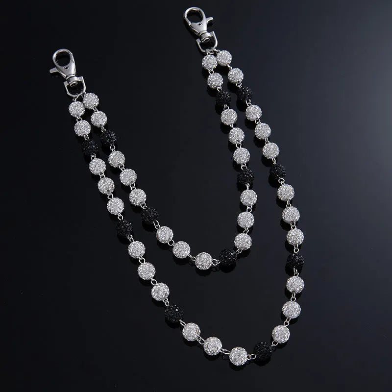 Alloy hip hop waist chain with diamond ball zipper detail, 115cm length, black colour option on display