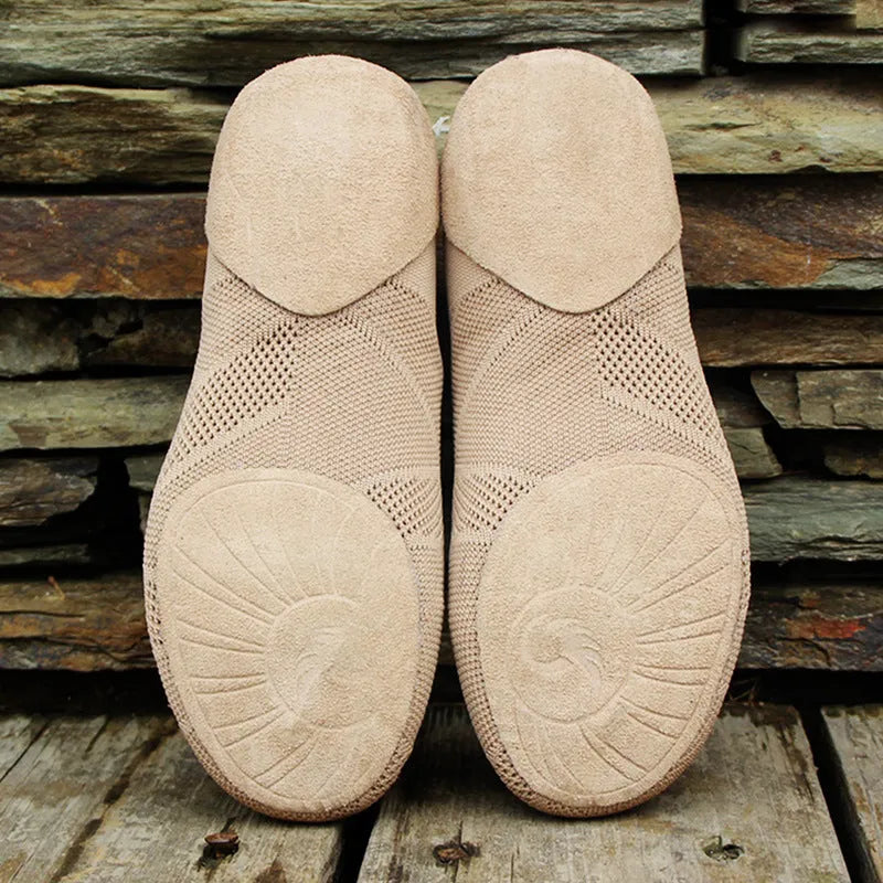 Camel coloured cotton and mesh Latin dance shoes with leather soles for contemporary yoga