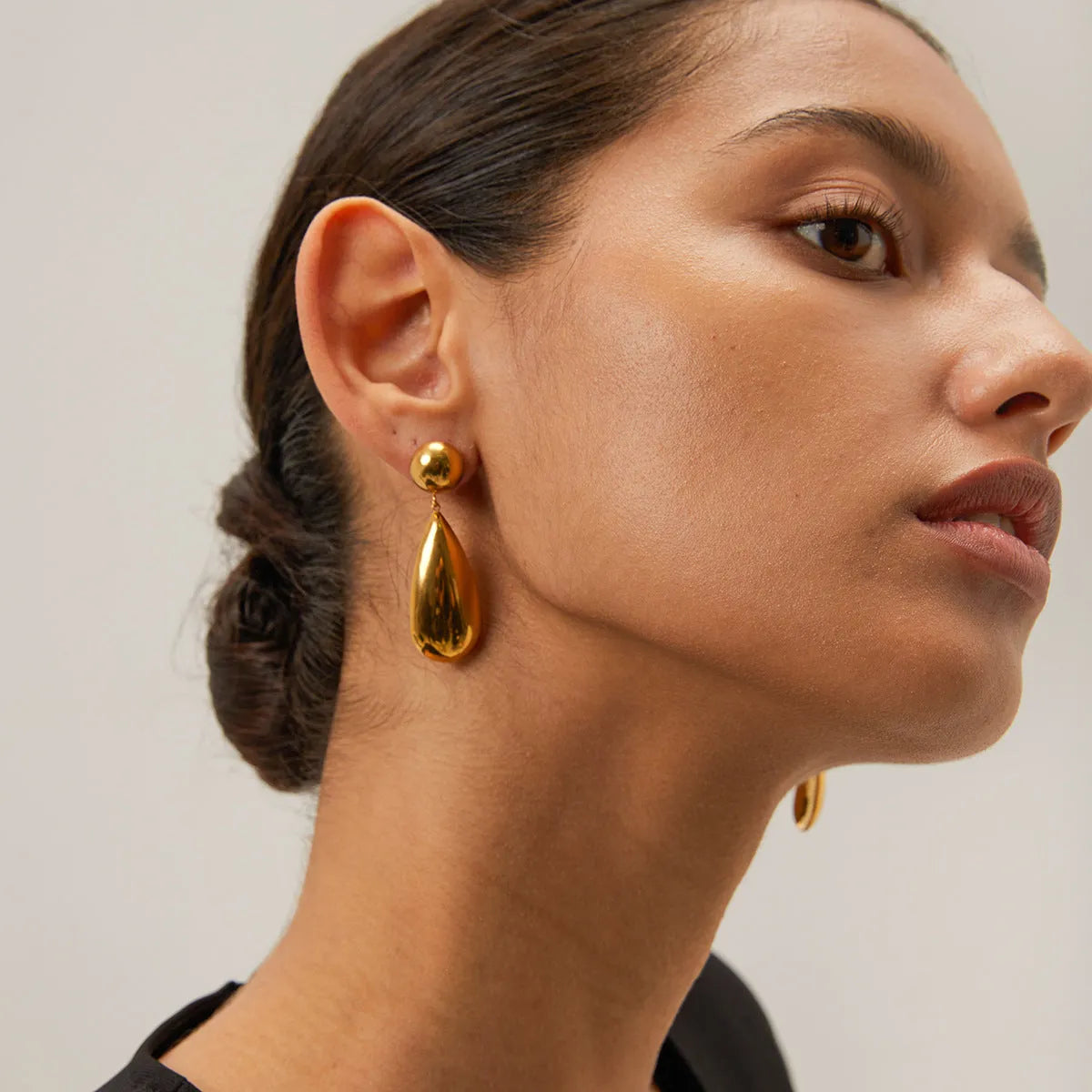 Gold stainless steel hemisphere water drop pendant earrings geometric jewellery design