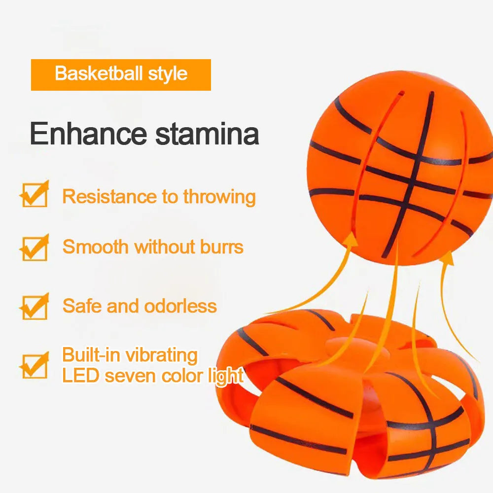 Orange glowing dog ball that transforms into a flying disc, shown on grass for scale.