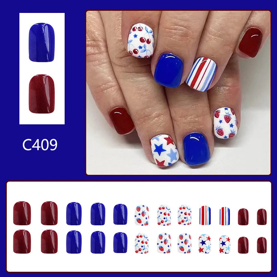 Glossy red and blue strawberry cherry independence day nail stickers, short style.