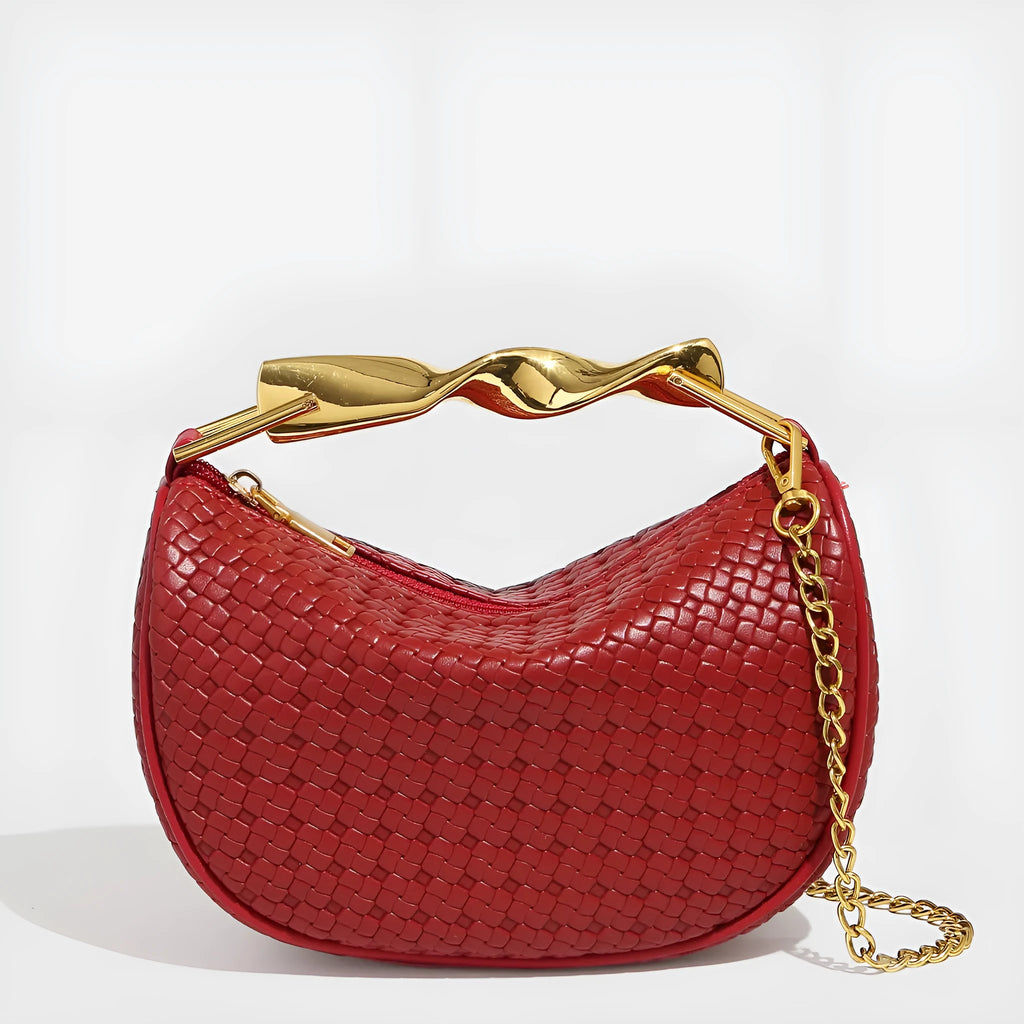 Straw woven dumpling chain crossbody bag in black PU leather with woven texture and chain shoulder strap.