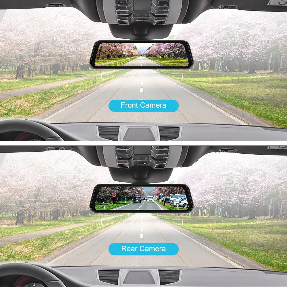 9.66-inch black wired dash cam rearview mirror recorder mounted on car windscreen with dual-camera display