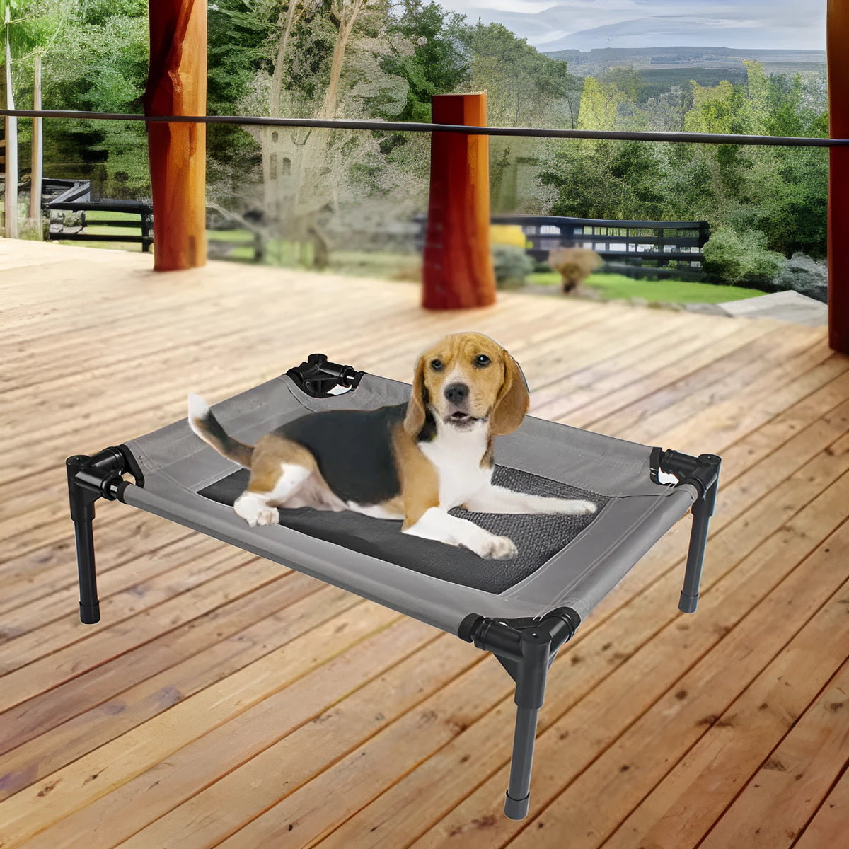 Grey Oxford cloth dog trampoline bed with iron frame, size 55x43x18cm, for small dogs