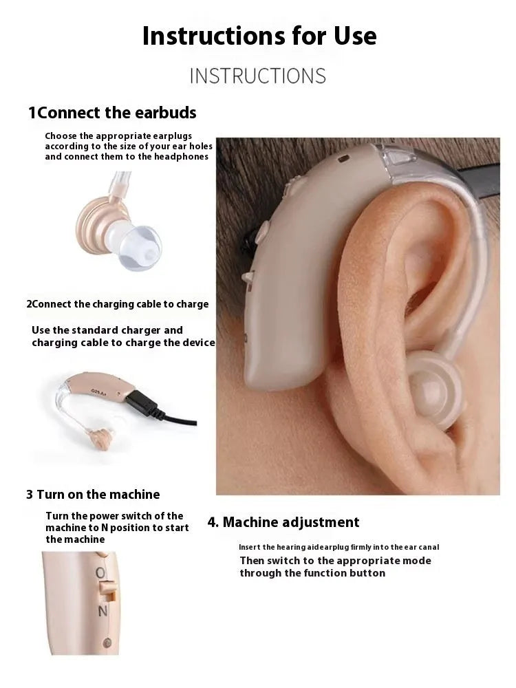 Beige rechargeable hearing aid with charger, USB powered, ear-back design for elderly