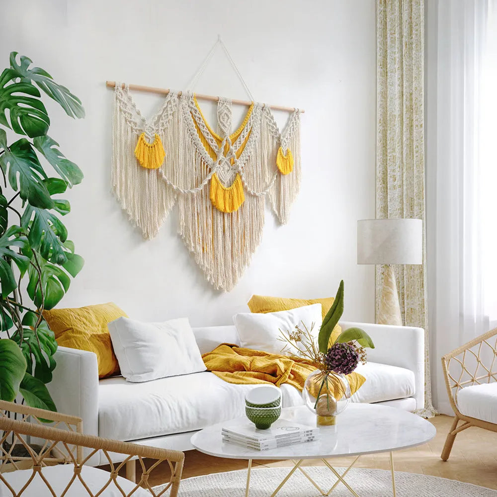 Nordic style hand-woven cotton tapestry wall hanging creamy white with yellow accents 120x95cm