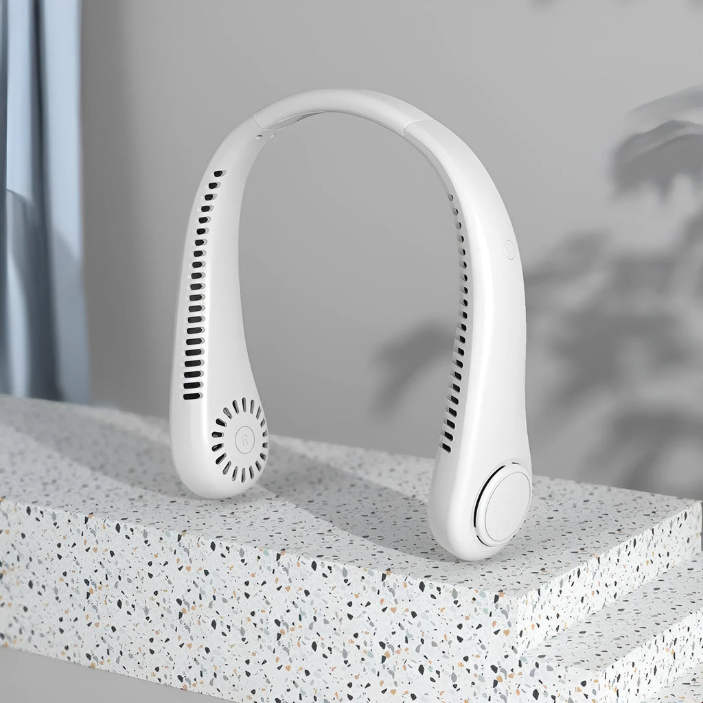 White USB rechargeable bladeless neck fan showing adjustable neckband and airflow vents