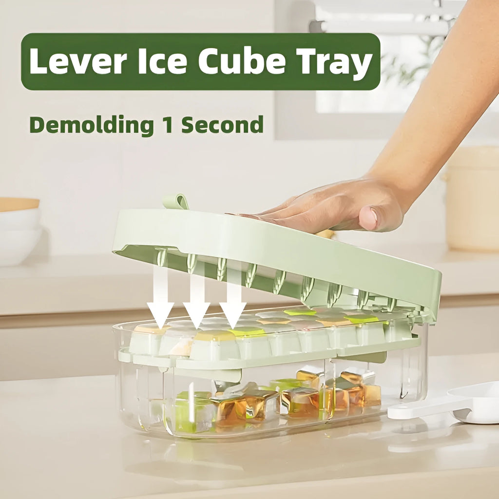 Food-grade plastic ice cube tray with grid, ice shovel, and storage compartment in blue colour.