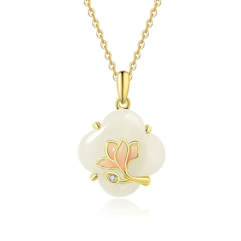 Magnolia Hetian jade necklace with 925 sterling silver pendant on O-shaped chain, 45cm length, flower shape