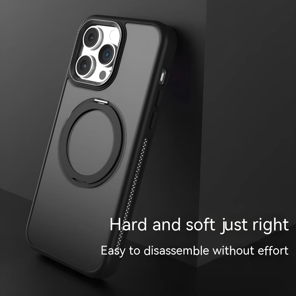 Rotating bracket magnetic suction phone case for iPhone 16 in frosted silicone with drop protection