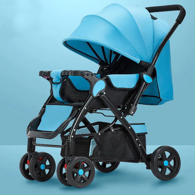 Lightweight folding reversible baby stroller with four-wheel shock absorption in multiple colour options