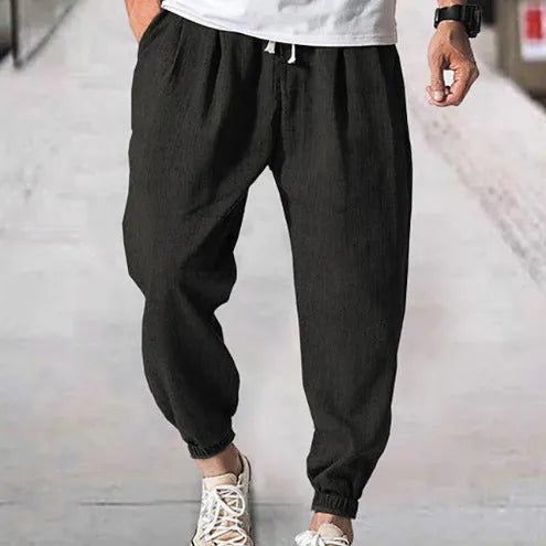 Men's casual loose cotton summer pants with ankle banded cuffs in various colours