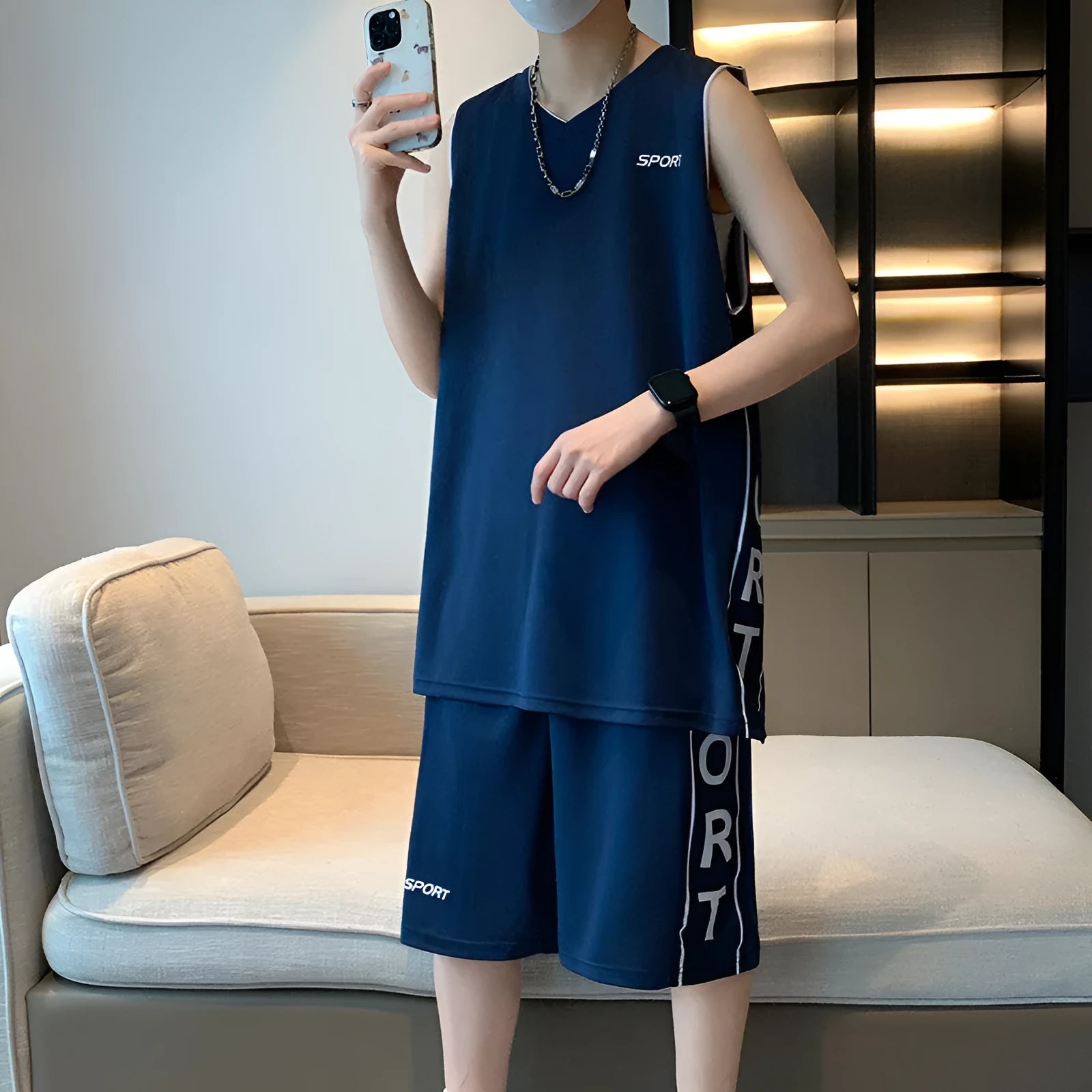 Basketball sports suit with sleeveless vest and matching shorts on a hanger