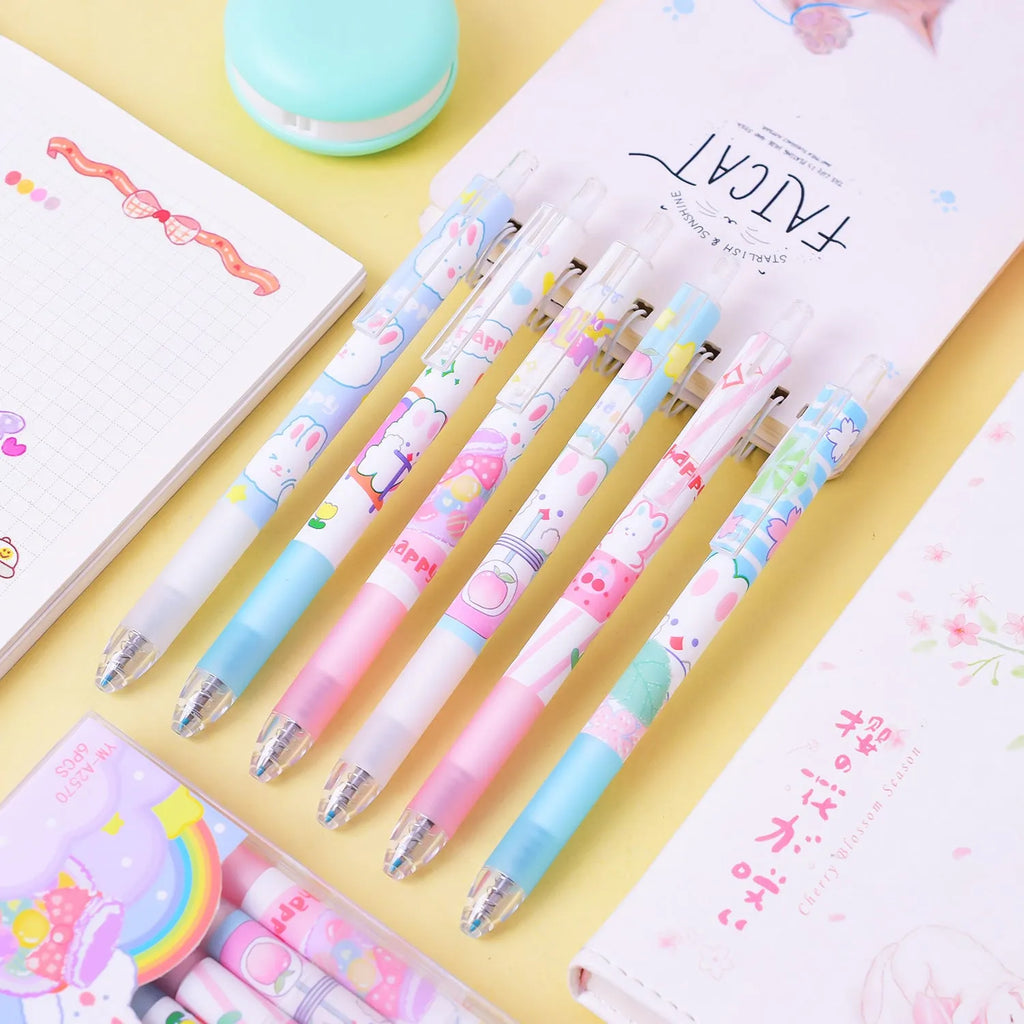 Six cartoon bunny student stationery pens with 0.5mm black signature tips in neutral colours