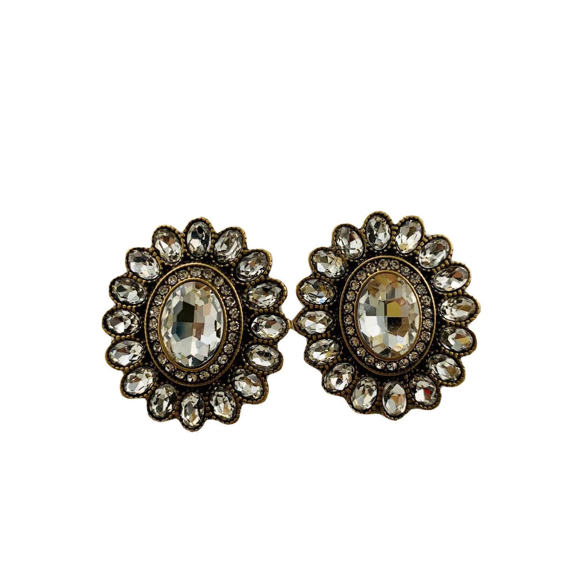 Western retro full inlaid drop shape geometric earrings for women, electroplated mixed material, available as ear studs and ear clips