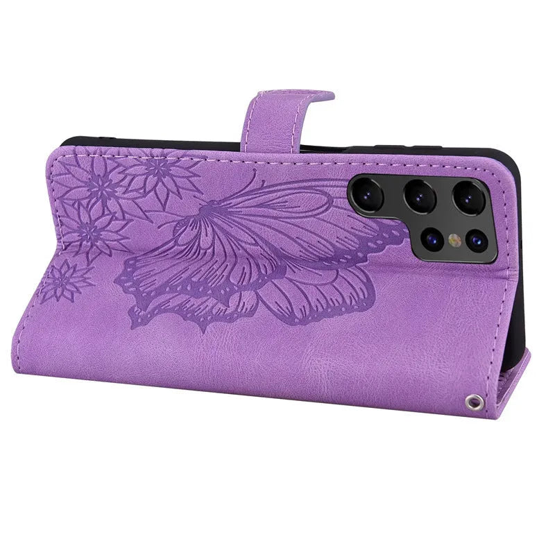 Retro big bowknot embossed leather phone case for Apple and Samsung with kickstand bracket, purple colour