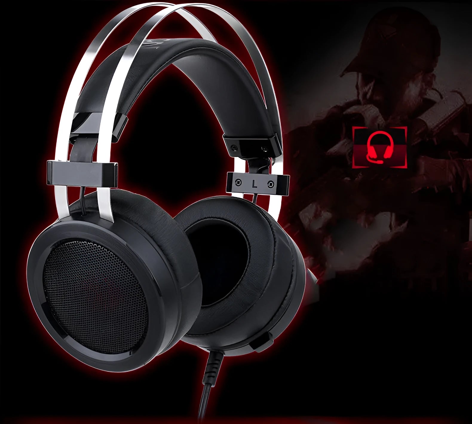 Black wired computer gaming headset with 3.5mm plug and 2-metre cable
