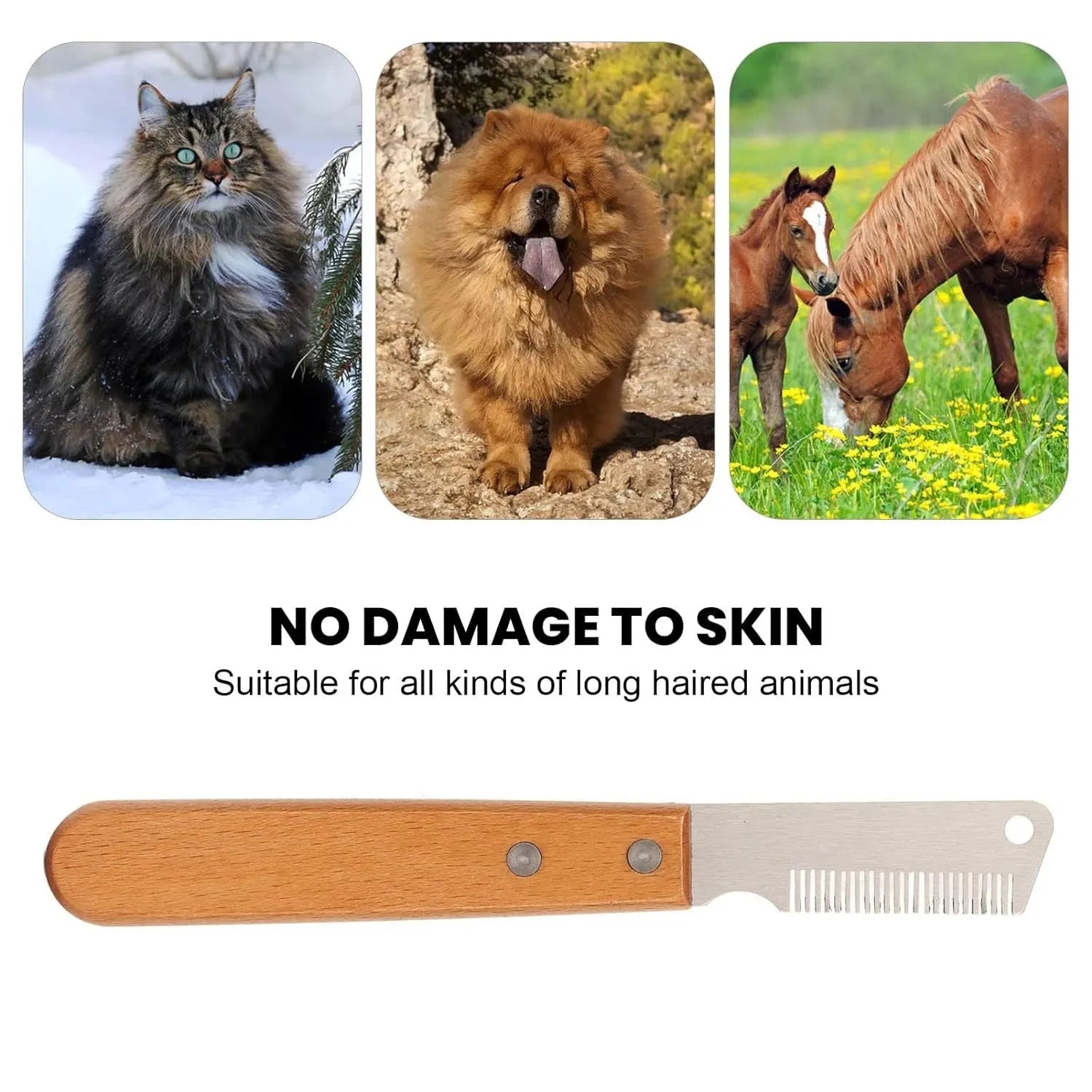 Pet stripping comb grooming tool with a wood handle and metal blade for dogs and cats.